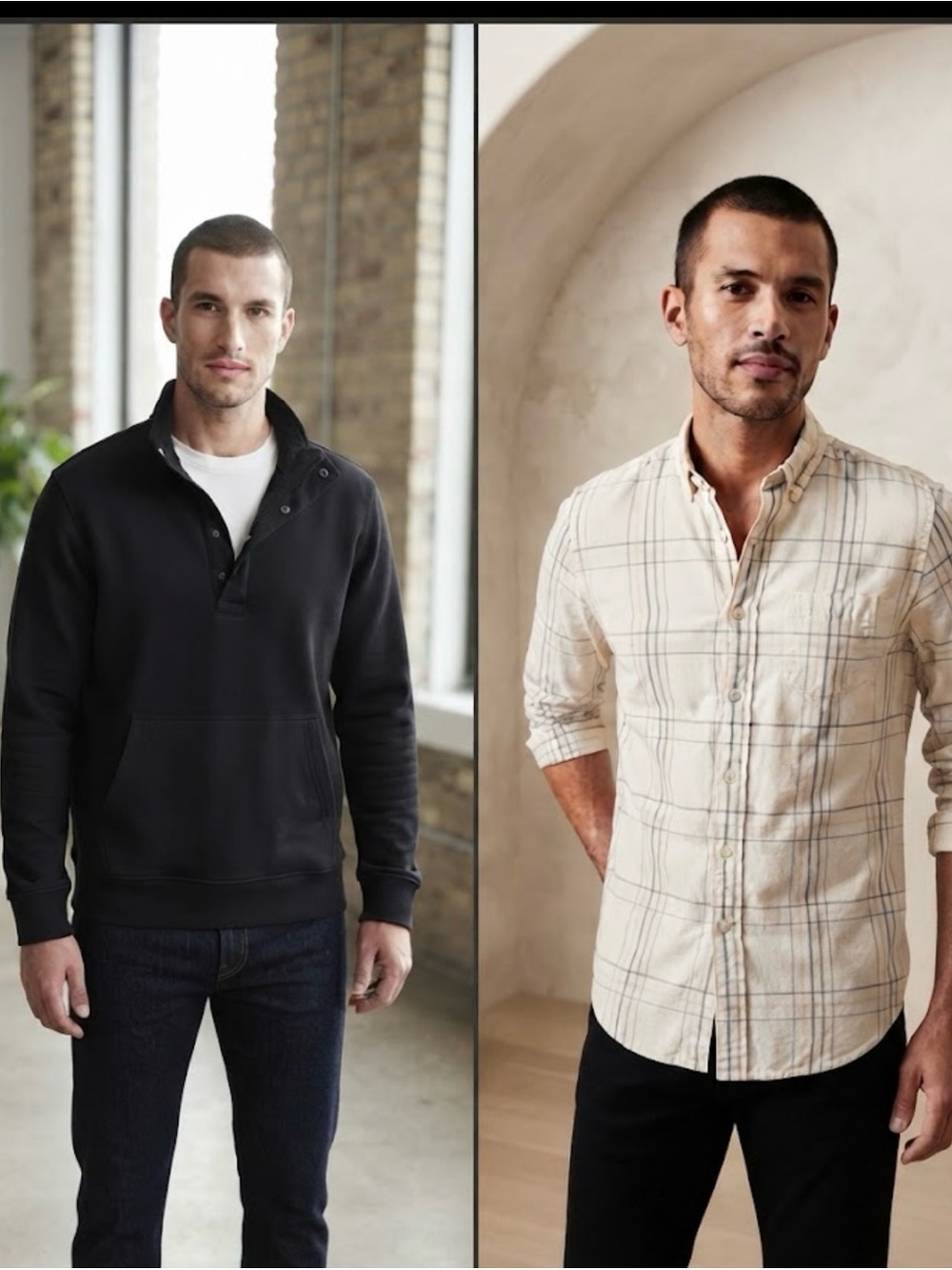 2 pack Express S Men's Tops: black Snap-Placket 1/4 zip and cream plaid shirt